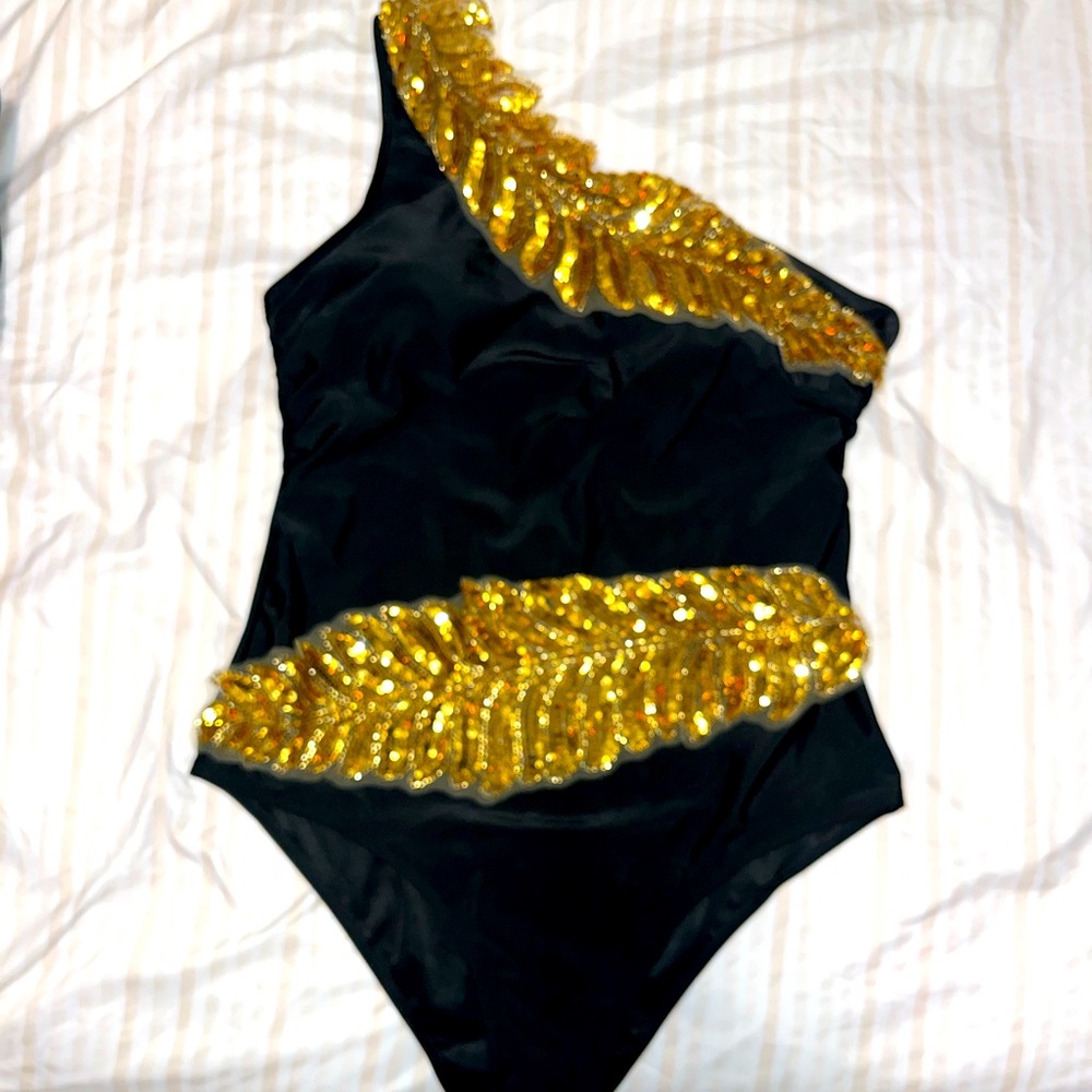 Sequin leaf design one shoulder bathing suit